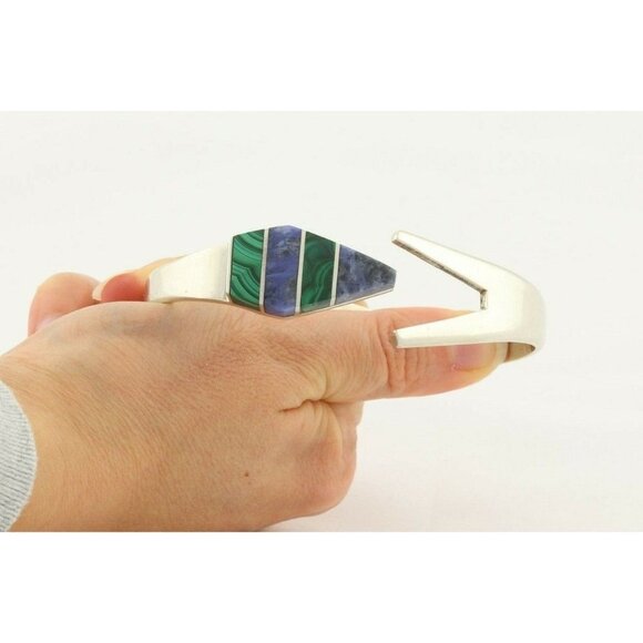 Sterling Silver Malachite and Sodalite Cuff Bracelet 7 inch Opens and Closes - Picture 2 of 8